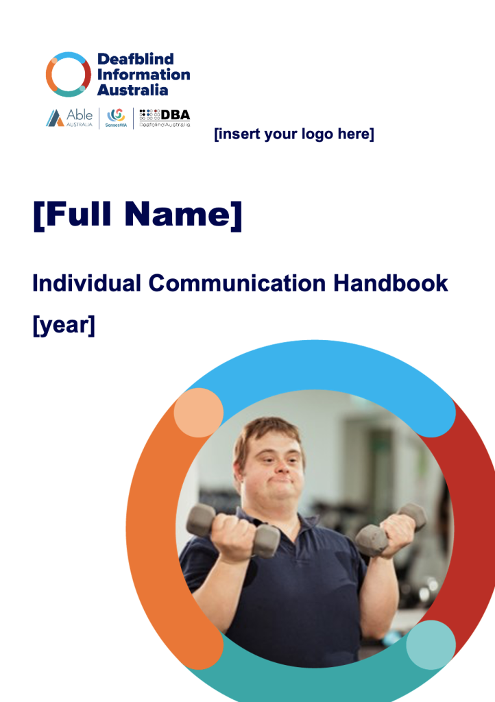 logo, text and with the photo of a young man holding dumbells