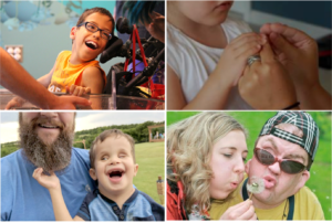 A collage of images of people of different ages with congenital deafblindness and their communication partners.