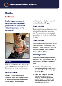 screen shot of Braille fact sheet with text and image of a deafblind woman using a refreshable braille display