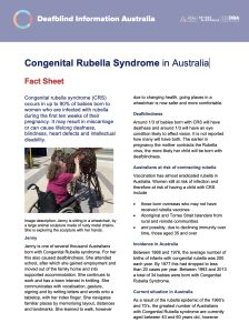 Screen shot of Congenital rubella syndrome Fact Sheet with text and an image of a woman feeling a metal sculpture